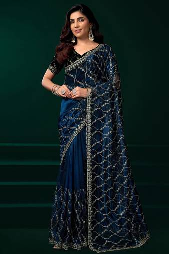 Navy blue net jaal pattern sequence embroidery thread work party wear saree