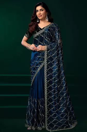 Navy blue net jaal pattern sequence embroidery thread work party wear saree
