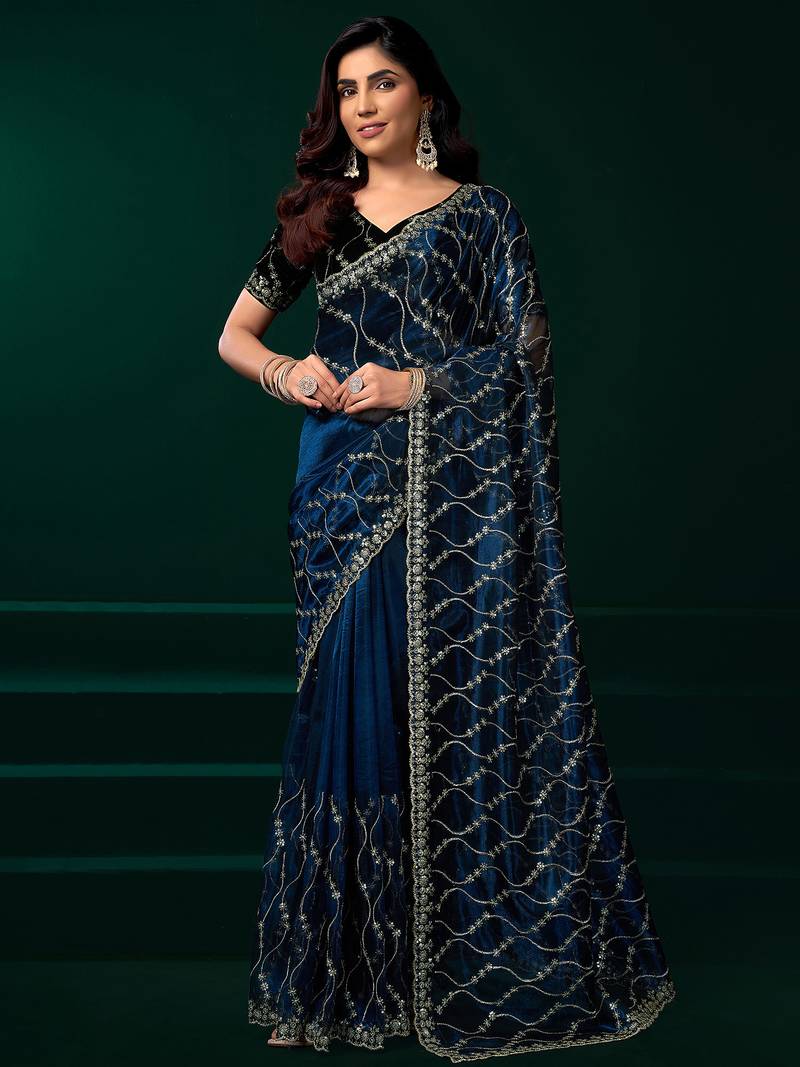 Navy blue net jaal pattern sequence embroidery thread work party wear saree