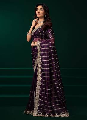 Wine net shimmering lines sequence embroidery party wear saree 2