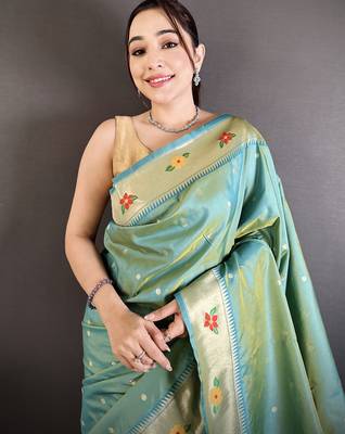 aqua blue lichi silk blend parrot & floral woven design zari weaving paithani saree 4