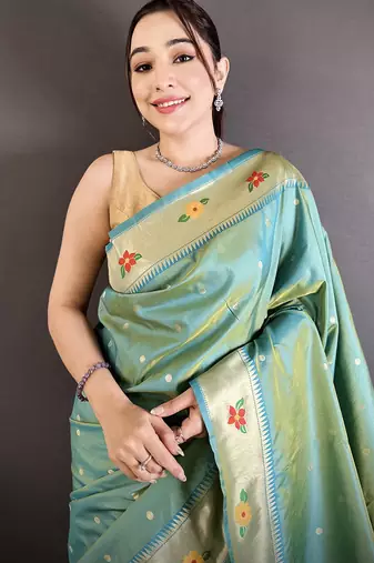 aqua blue lichi silk blend parrot & floral woven design zari weaving paithani saree