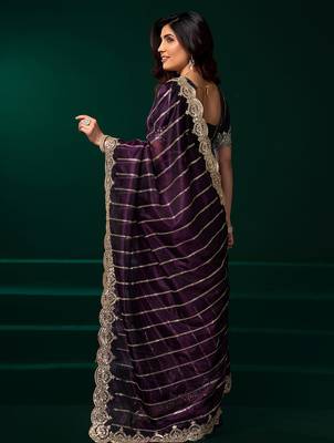 Wine net shimmering lines sequence embroidery party wear saree 3