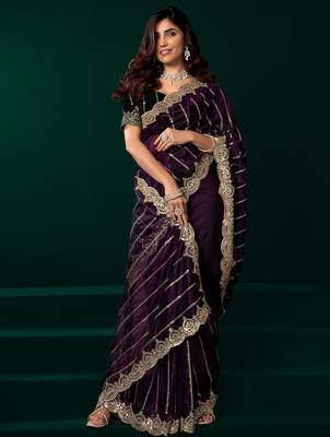Wine net shimmering lines sequence embroidery party wear saree 4