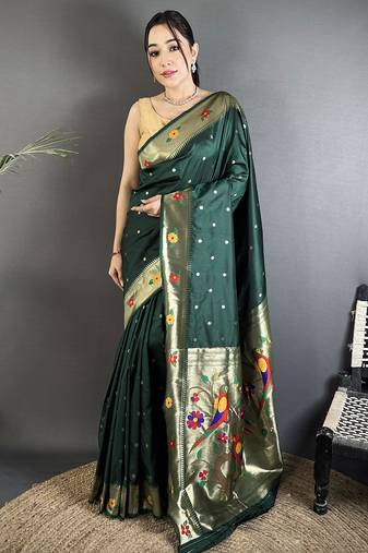 dark green lichi silk blend parrot & floral woven design zari weaving paithani saree