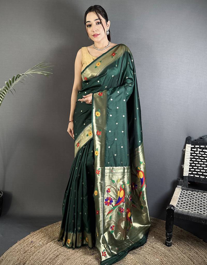 dark green lichi silk blend parrot & floral woven design zari weaving paithani saree