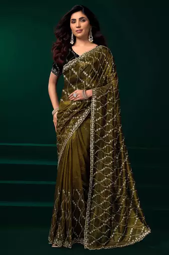 Mehandi green net jaal pattern sequence embroidery thread work party wear saree