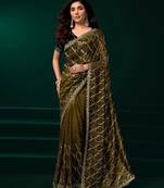 Mehandi green net jaal pattern sequence embroidery thread work party wear saree