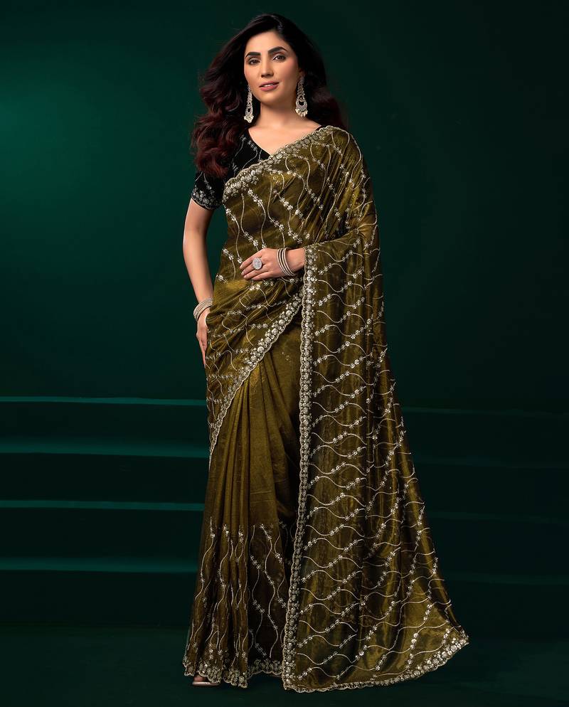 Mehandi green net jaal pattern sequence embroidery thread work party wear saree