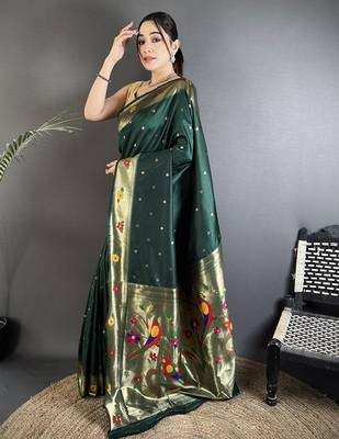 dark green lichi silk blend parrot & floral woven design zari weaving paithani saree 2
