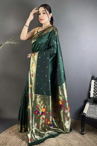 dark green lichi silk blend parrot & floral woven design zari weaving paithani saree