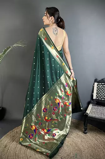 dark green lichi silk blend parrot & floral woven design zari weaving paithani saree