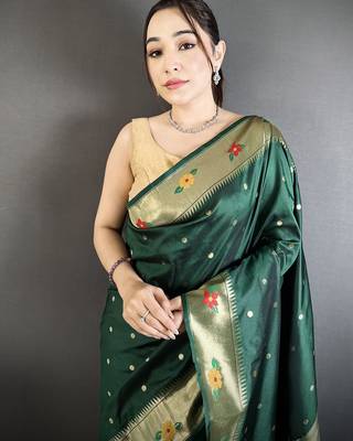 dark green lichi silk blend parrot & floral woven design zari weaving paithani saree 4