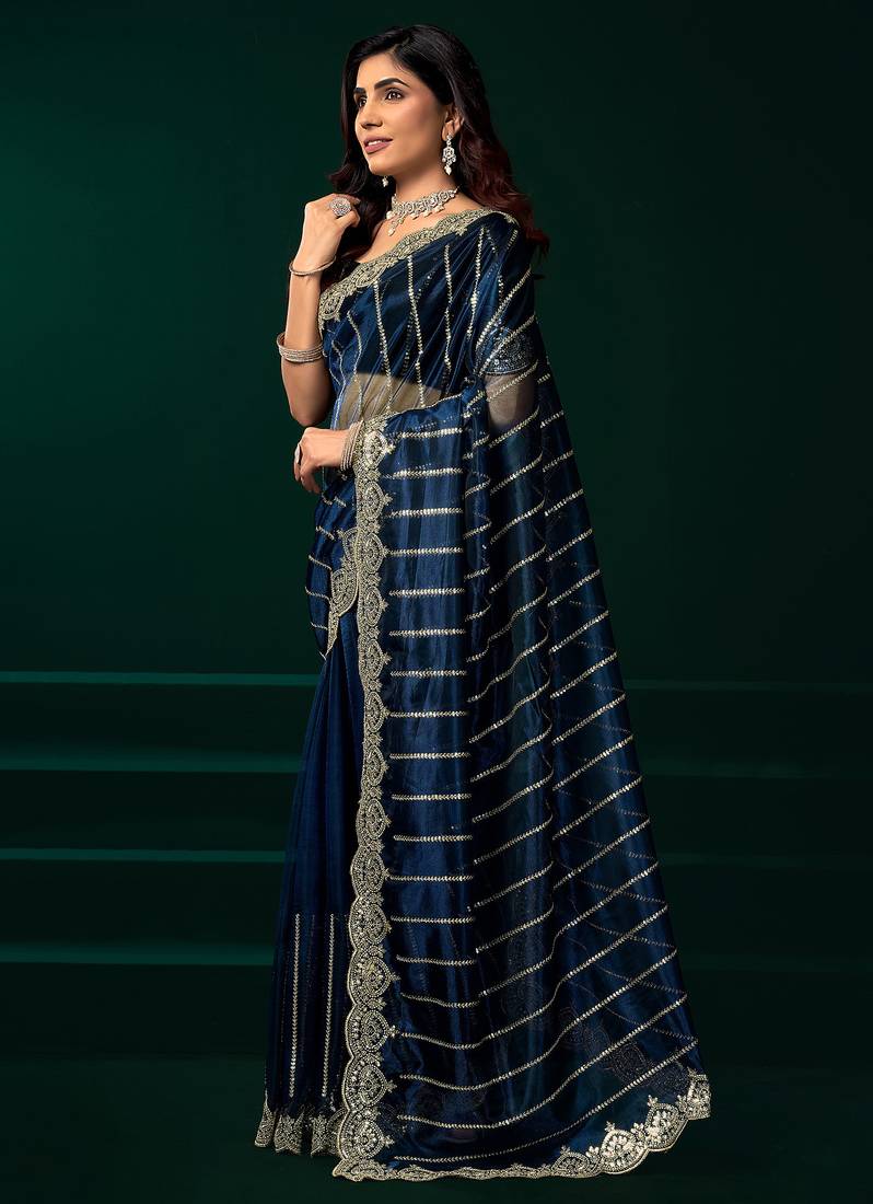 Navy blue net shimmering lines sequence embroidery party wear saree