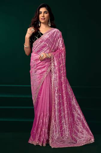 Pink net jaal pattern sequence embroidery thread work party wear saree