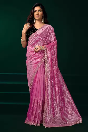 Pink net jaal pattern sequence embroidery thread work party wear saree
