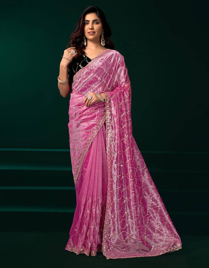 Pink net jaal pattern sequence embroidery thread work party wear saree