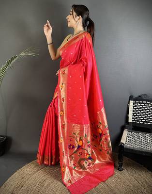 rani pink lichi silk blend parrot & floral woven design zari weaving paithani saree 2
