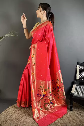 rani pink lichi silk blend parrot & floral woven design zari weaving paithani saree