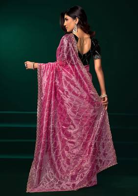 Pink net jaal pattern sequence embroidery thread work party wear saree 3