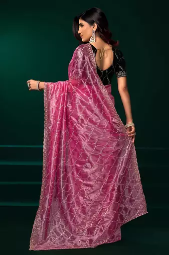 Pink net jaal pattern sequence embroidery thread work party wear saree