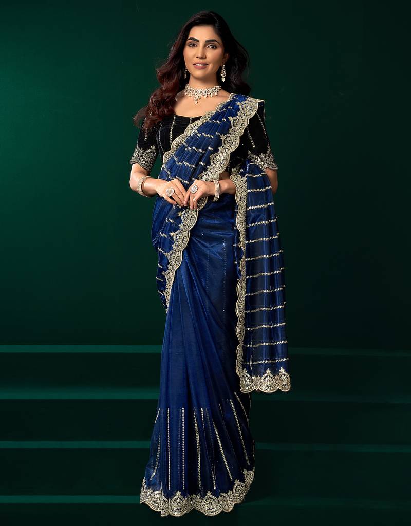 Navy blue net shimmering lines sequence embroidery party wear saree