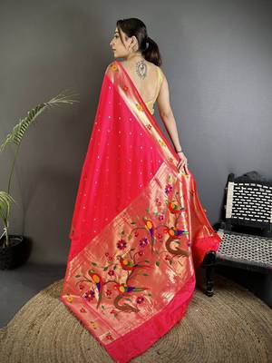 rani pink lichi silk blend parrot & floral woven design zari weaving paithani saree 3