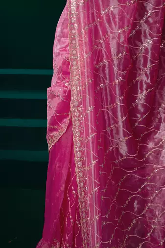 Pink net jaal pattern sequence embroidery thread work party wear saree