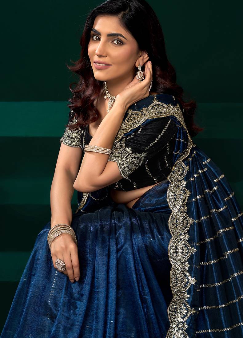 Navy blue net shimmering lines sequence embroidery party wear saree