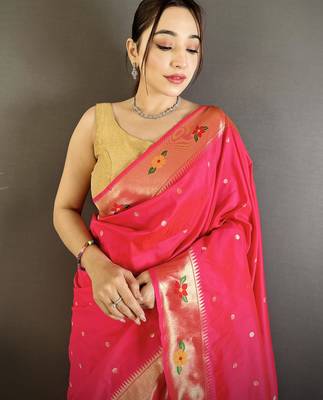 rani pink lichi silk blend parrot & floral woven design zari weaving paithani saree 4