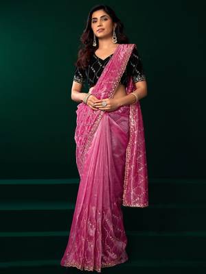 Pink net jaal pattern sequence embroidery thread work party wear saree 5