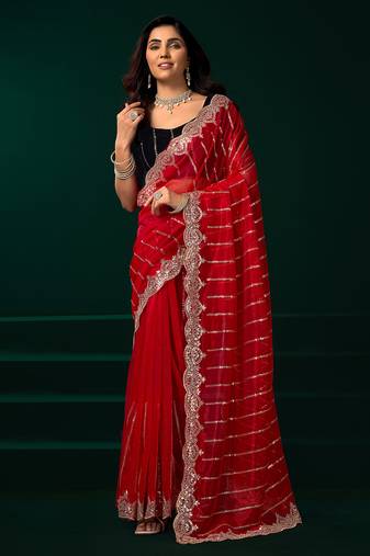 Red net shimmering lines sequence embroidery party wear saree