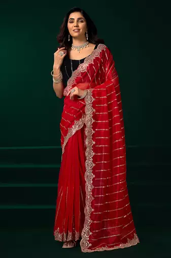 Red net shimmering lines sequence embroidery party wear saree