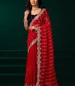 Red net shimmering lines sequence embroidery party wear saree