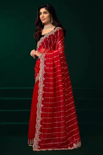 Red net shimmering lines sequence embroidery party wear saree