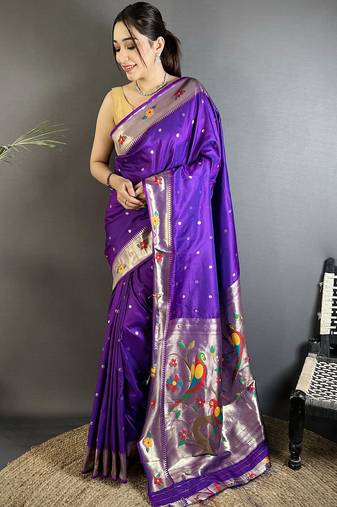 purple lichi silk blend parrot & floral woven design zari weaving paithani saree