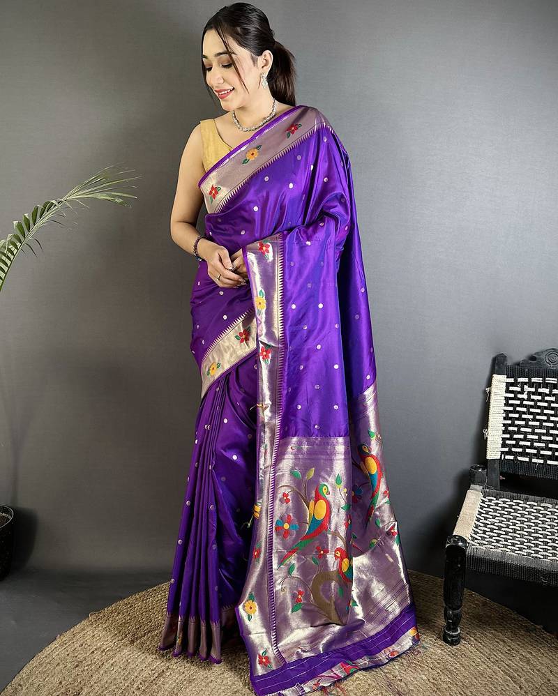 purple lichi silk blend parrot & floral woven design zari weaving paithani saree