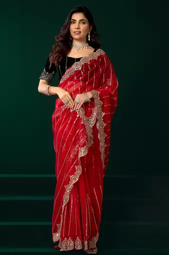Red net shimmering lines sequence embroidery party wear saree