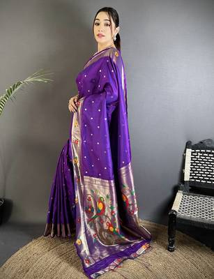 purple lichi silk blend parrot & floral woven design zari weaving paithani saree 2