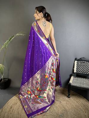 purple lichi silk blend parrot & floral woven design zari weaving paithani saree 3