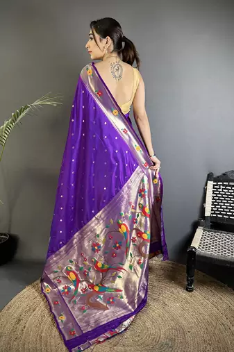 purple lichi silk blend parrot & floral woven design zari weaving paithani saree
