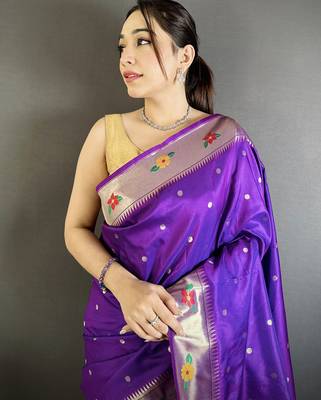 purple lichi silk blend parrot & floral woven design zari weaving paithani saree 4