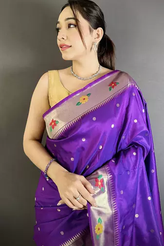purple lichi silk blend parrot & floral woven design zari weaving paithani saree