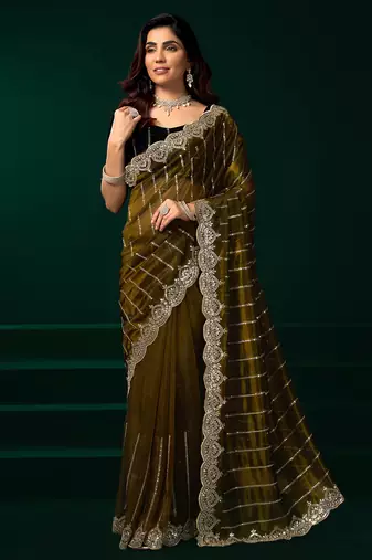 Mehendi green net shimmering lines sequence embroidery party wear saree