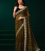Mehendi green net shimmering lines sequence embroidery party wear saree