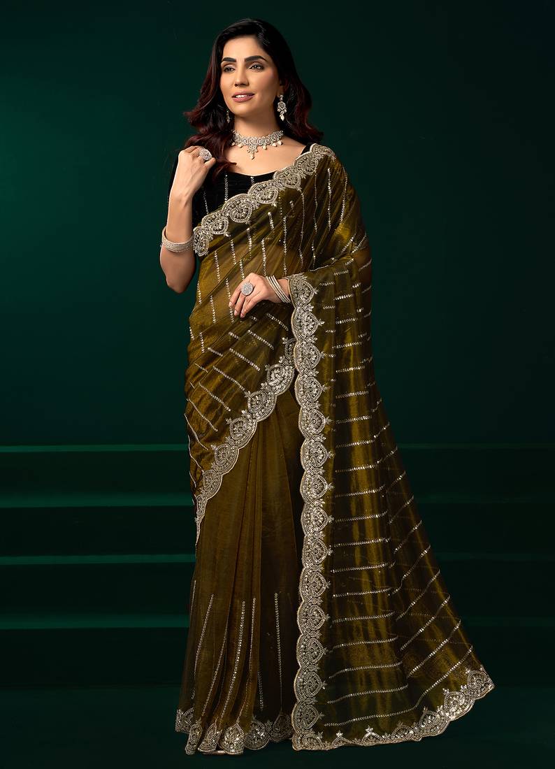 Mehendi green net shimmering lines sequence embroidery party wear saree