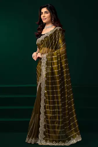 Mehendi green net shimmering lines sequence embroidery party wear saree