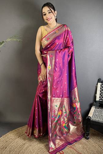 magenta lichi silk blend parrot & floral woven design zari weaving paithani saree