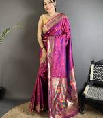 magenta lichi silk blend parrot & floral woven design zari weaving paithani saree