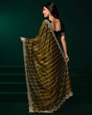 Mehendi green net shimmering lines sequence embroidery party wear saree 3